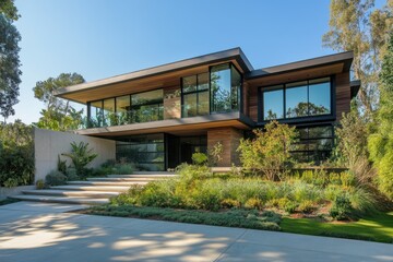 Fototapeta premium A contemporary, two-story house with a unique architectural design that integrates nature