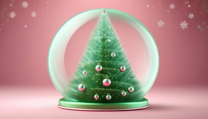 A festive snow globe featuring a decorated green Christmas tree, surrounded by snowflakes on a pink background, capturing the holiday spirit.