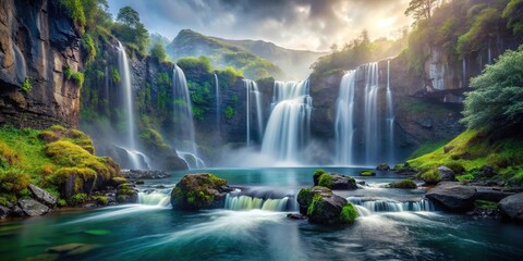 Majestic waterfall cascading into tranquil pool in misty valley