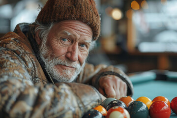 Billiards room bar pub club focused pool player beating balls, generative AI illustration