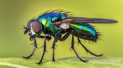 Naklejka premium This extremely detailed macro photograph displays the vibrant colors and fine hairs on a fly's body and wings, demonstrating the fly's iridescent blue and orange appearance.