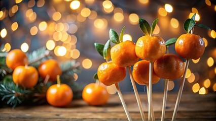 Mandarins on a stick in a natural sugar substitute erythritol against festive lights in the evening