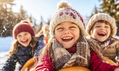 Obraz premium Kids are sledding on snow on sledges or bob sledges in winter with smiles on their faces