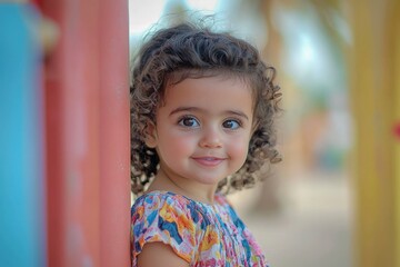 A Portrait of a Young Girl with Curly Brown Hair and a Floral Dress