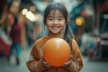 A Young Girl Holding an Orange Balloon Smiling in a City Street