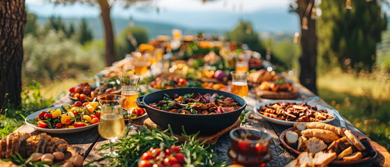 Summer BBQ Delight: A sizzling grill with juicy sausages and plump cherry tomatoes basking in the golden glow of sunset, inviting you to savor the flavors of summer.