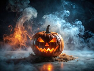 Enchanting 3D Halloween Scene with Pumpkin, Misty Smoke, and Text Space for Spooky Greetings