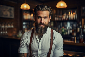 Fototapeta premium Classic bar pub with professional bartender barkeeper barman, Generative AI illustration photo