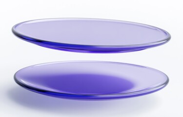 On a white background, floating transparent plastic lenses with iridescent colors, rendered in Cinema4D with ethereal glow, high speed sync, and holograms.