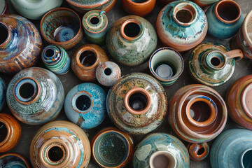 Fototapeta premium Generative AI photo craftsman shaping clay pot on spinning wheel in pottery studio surrounded by ceramic pieces