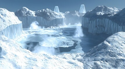 Majestic frozen landscape with vast icy mountains and calm frozen lake