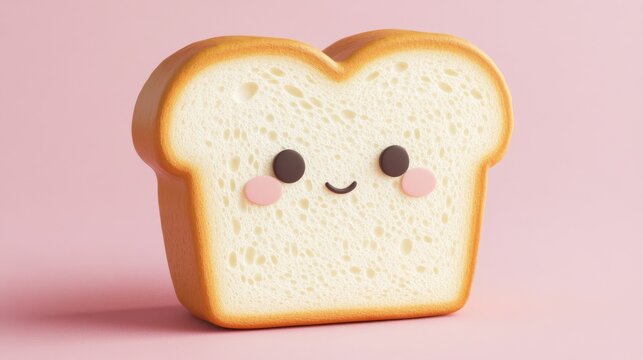 Adorable 3D smiling toast character on pastel background. Ideal for children's illustrations and playful themes.