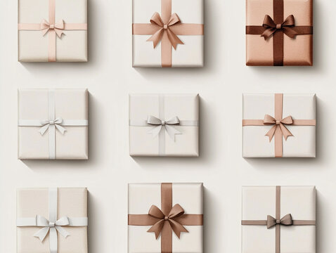 Elegant gift boxes with bows arranged in a stylish layout, white background.