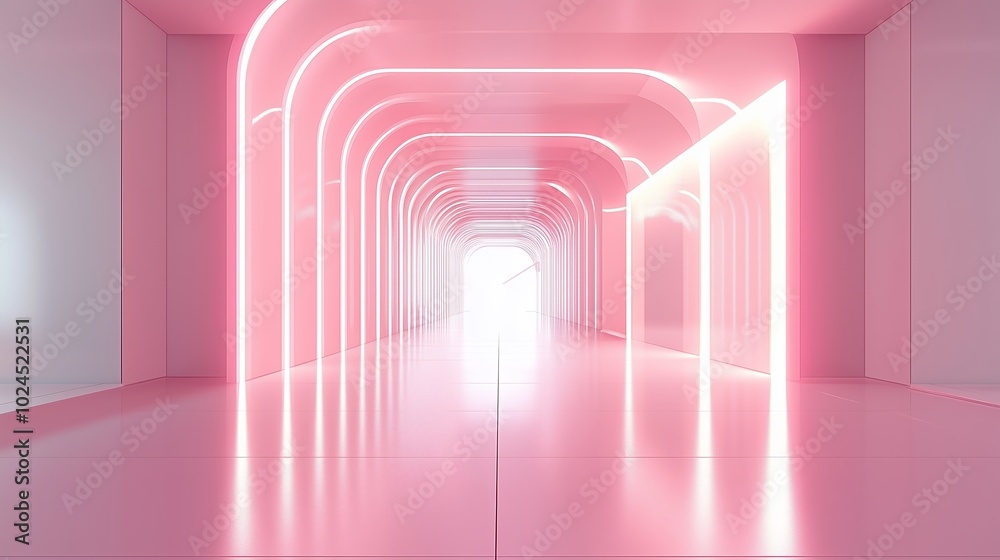 Poster A futuristic hallway with glowing pink lights illuminating a sleek pathway in a modern setting during daytime