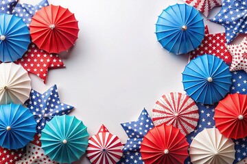 Obraz premium Fourth of July Celebration with Colorful Star Paper Umbrellas on White Background for Greeting Card Design