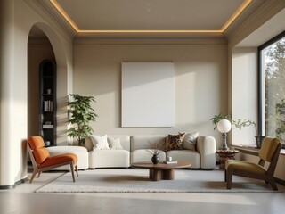 living room with modern mid-century and scandinavian minimalism interior style