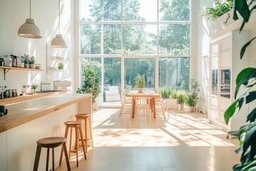 A modern, open kitchen and living area with floor-to-ceiling windows, allowing ample natural