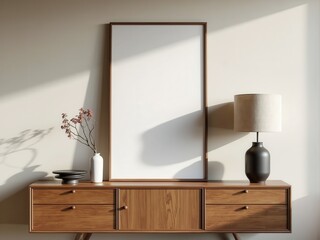 Frame canvas mockup on a sleek mid-century wooden cabinet against a concrete wall, featuring elegant furniture accents.