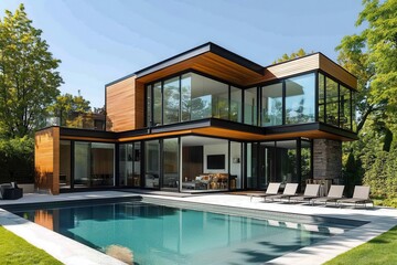 A modern two-story house with expansive glass walls and a sleek wooden facade