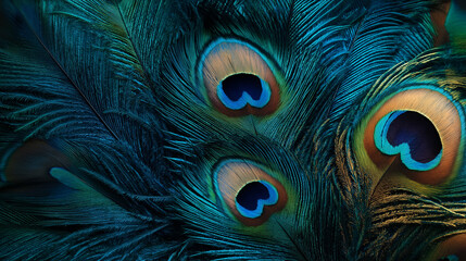 Fototapeta premium Colorful array of peacock feathers with vibrant blue and green eyespots, intricate natural patterns, rich colors for exotic and luxurious background design