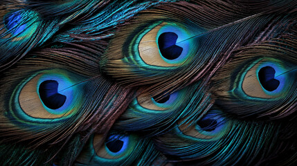 Obraz premium Colorful array of peacock feathers with vibrant blue and green eyespots, intricate natural patterns, rich colors for exotic and luxurious background design