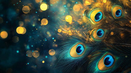 Group of peacock feathers with sparkling bokeh, vibrant teal and turquoise hues, detailed eye patterns, luxurious natural background for creative design concepts
