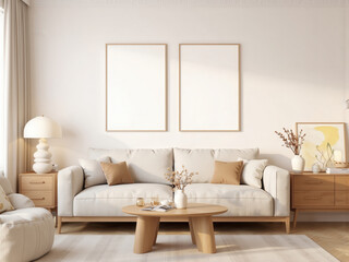 living room with modern mid-century and scandinavian minimalism interior style