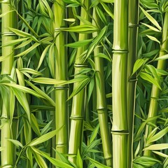 Seamless pattern of green bamboo shoots and stalks,