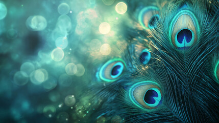 Group of peacock feathers with sparkling bokeh, vibrant teal and turquoise hues, detailed eye patterns, luxurious natural background for creative design concepts