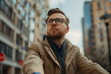 Fototapeta premium Generative AI: Business professional on scooter in urban cityscape