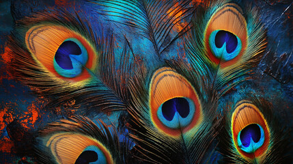 Dazzling peacock feathers with golden and teal highlights, close-up of intricate natural patterns, rich colors for luxurious and exotic background concepts