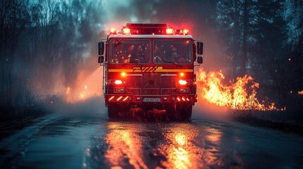 Fire truck with firefighters in action