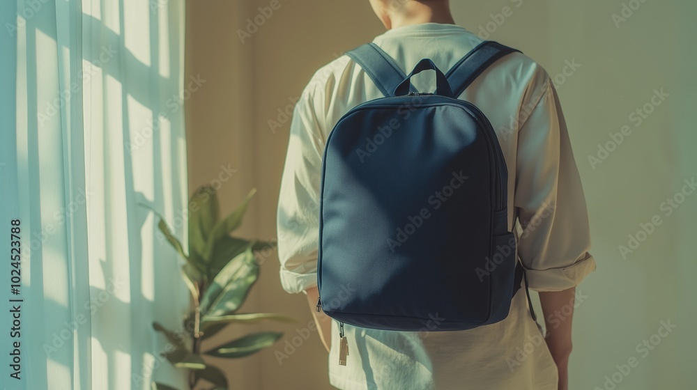 Wall mural A person standing indoors with a backpack, sunlight streaming through large windows, showcasing a serene atmosphere in a modern setting