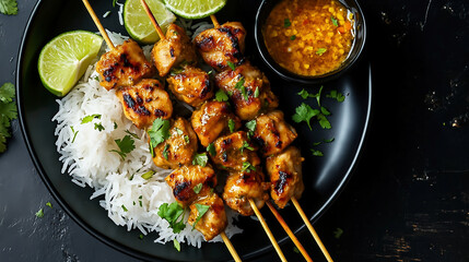 thai curry chicken skewers, An ultra-realistic photograph of chicken satay with rice and drizzled sauce on the side, presented on a black plate against a dark background. The chicken skewers should be
