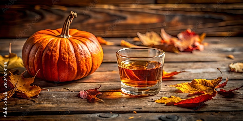 Canvas Prints A Glass of Amber Liquid Rests Beside a Ripe Pumpkin on a Rustic Wooden Table Surrounded by Autumn Leaves