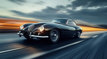 Fototapeta premium Black Classic Car Speeding on a Road with Motion Blur