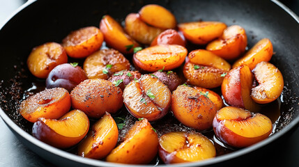 Sliced plums caramelizing in a pan with spices and herbs creating a rich, glossy finish.