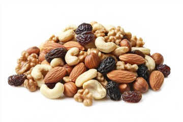 A pile of mixed nuts and dried fruits, including almonds, cashews, raisins, and walnuts