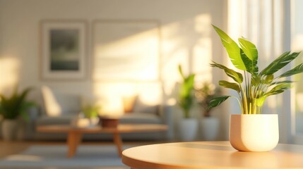 A bright, modern living room featuring a potted plant and cozy furniture.
