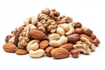 A pile of various nuts including walnuts, cashews, almonds, and peanuts, displayed against a white