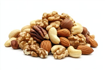 Obraz premium A pile of various nuts including walnuts, cashews, almonds, and peanuts, displayed against a white