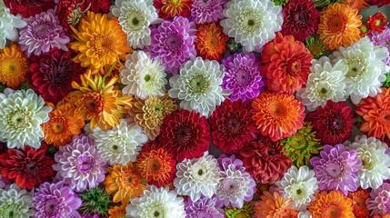 Flower wall background with stunning red, orange, pink, purple, green and white chrysanthemums, wedding decoration, handmade beautiful flower wall background