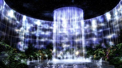 Stunning digital waterfall with vibrant lights in a mystical garden setting