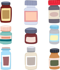 pill bottle set cartoon. pharmacy container, safety cap, dosage refill pill bottle sign. isolated symbol vector illustration