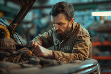 Fototapeta premium Generative AI picture photo Car mechanic working with broken engine car service banner