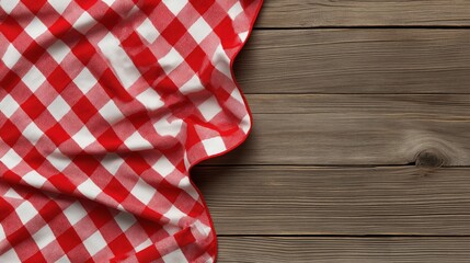 Obraz premium Red and white checkered fabric lying on a rustic wooden table surface with wood grain texture visible on the right side