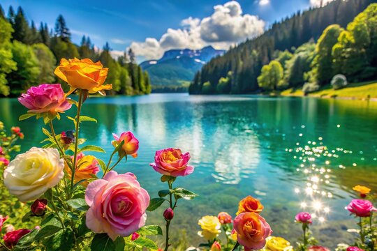 Meadow of colorful topaz roses and crystal clear lake