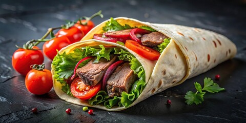 Meat burrito tortilla wraps with roasted ribeye steak, cherry tomatoes, red peppers, and salad on dark slate background reflected