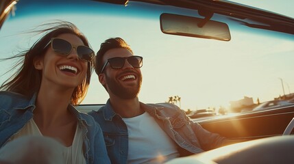 A couple smiling as they drive their new car off the dealership lot, with excitement and pride in their eyes
