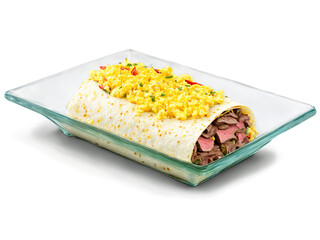 Steak and Egg Burrito with sliced steak scrambled eggs and peppers served on a transparent